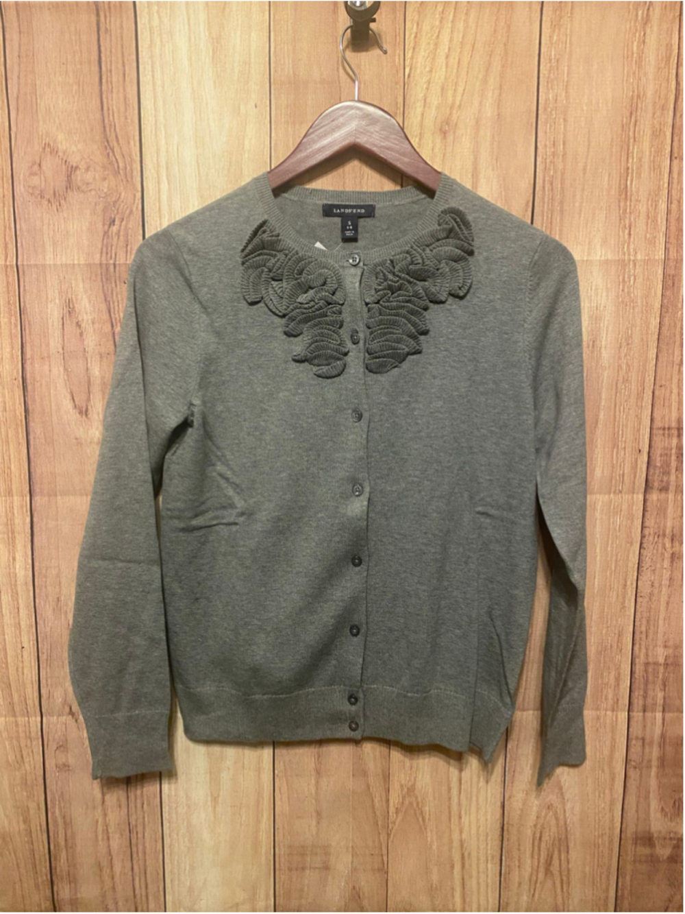 Lands' End Small NWT Grey Cardigan Sweater Ruffle Cotton